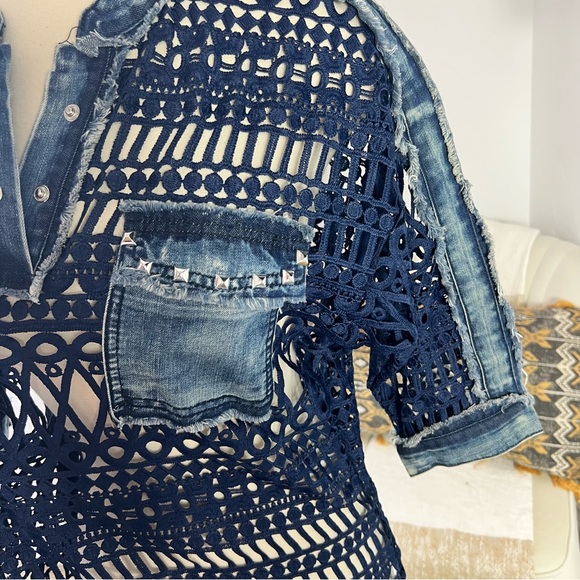Crochet denim button down blouse - Picture 2 of 5